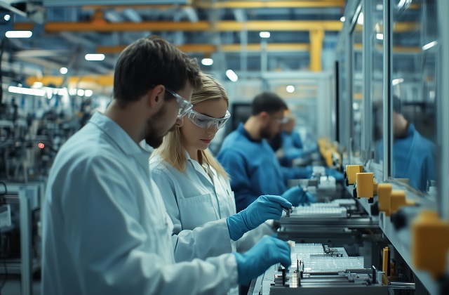 Workers collaborating in a manufacturing facility, assembling electronic components during daylight hours